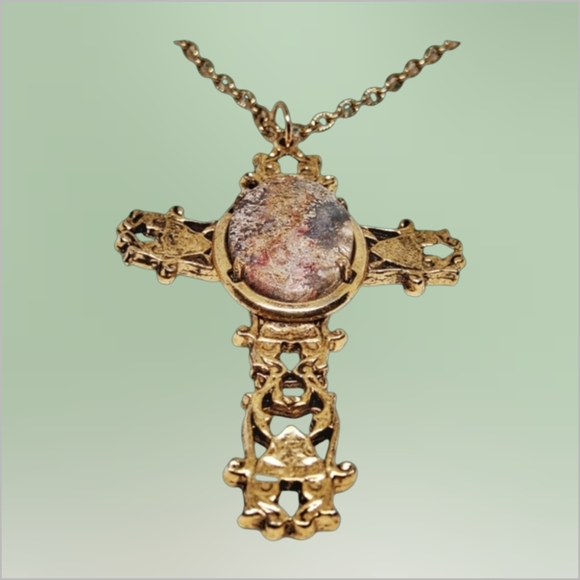 Gold-Tone Ornate Cross Necklace with Natural Stone Cabochon - Picture 7 of 7